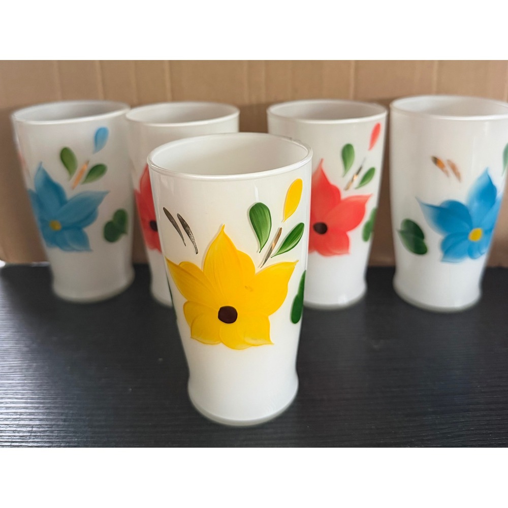 Vintage Milk Glass Floral Tumbler Set 5 Hand Painted Mid Century Mixed Colors